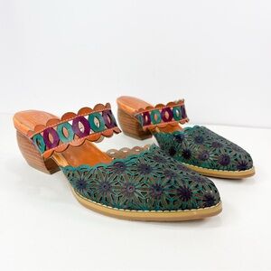 L’Artiste Rashida Heeled Mule Slide Floral Leather Blue Brown size 37 / 6.5-7